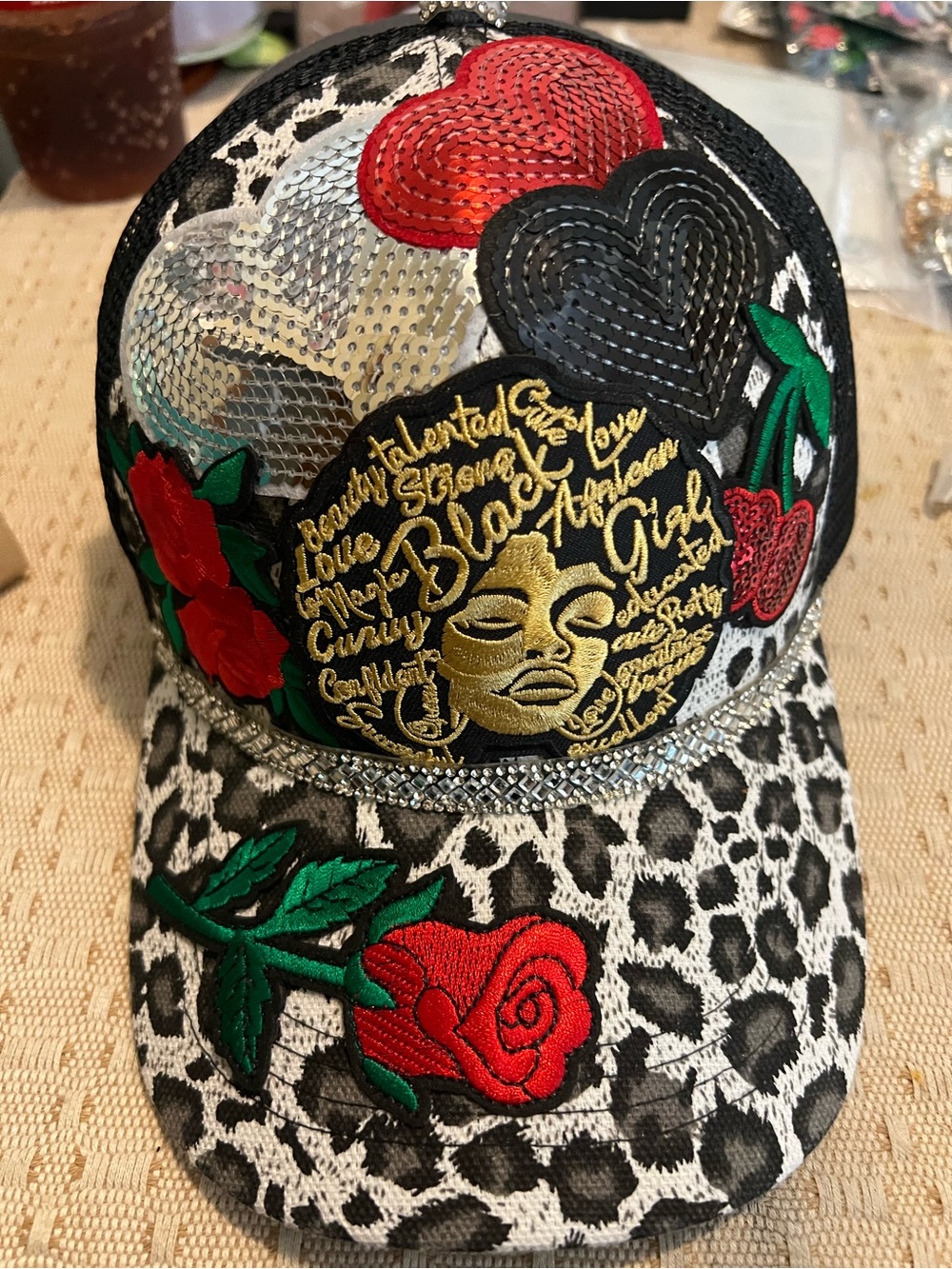 Black Sequin Heart & Rose Leopard Baseball Cap